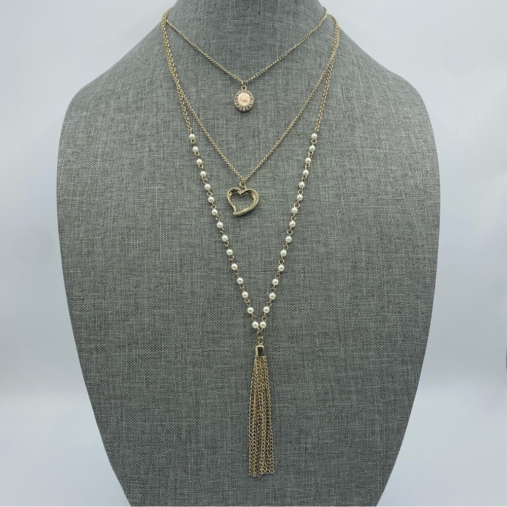 Aero 1987 Signed Gold Tone Multi Strand Necklace Fashion Faux Pearl Heart Tassel